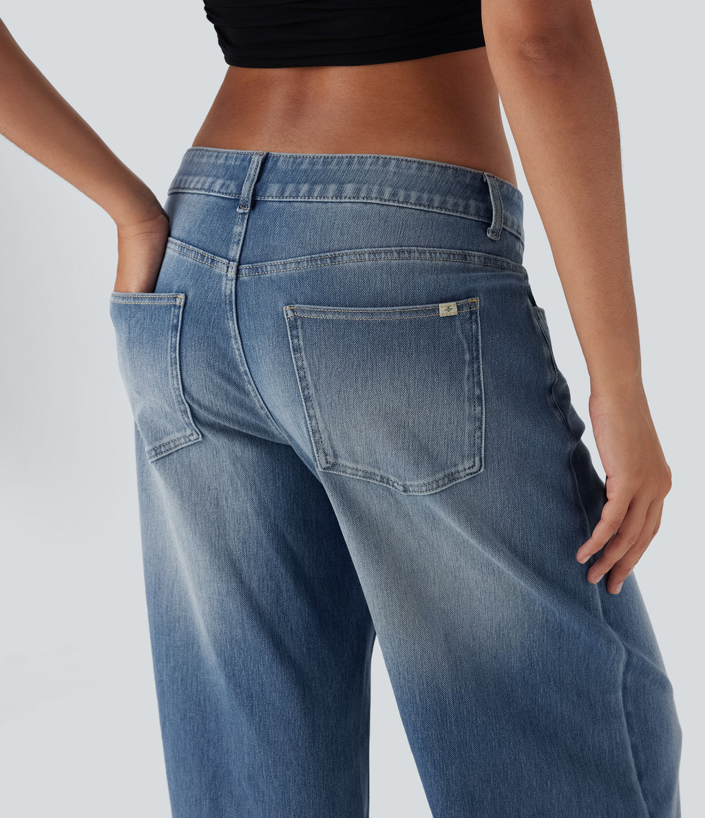 FlexTM Asymmetric Low Rise Zipper Pockets Baggy Wide Leg Washed Casual Jeans