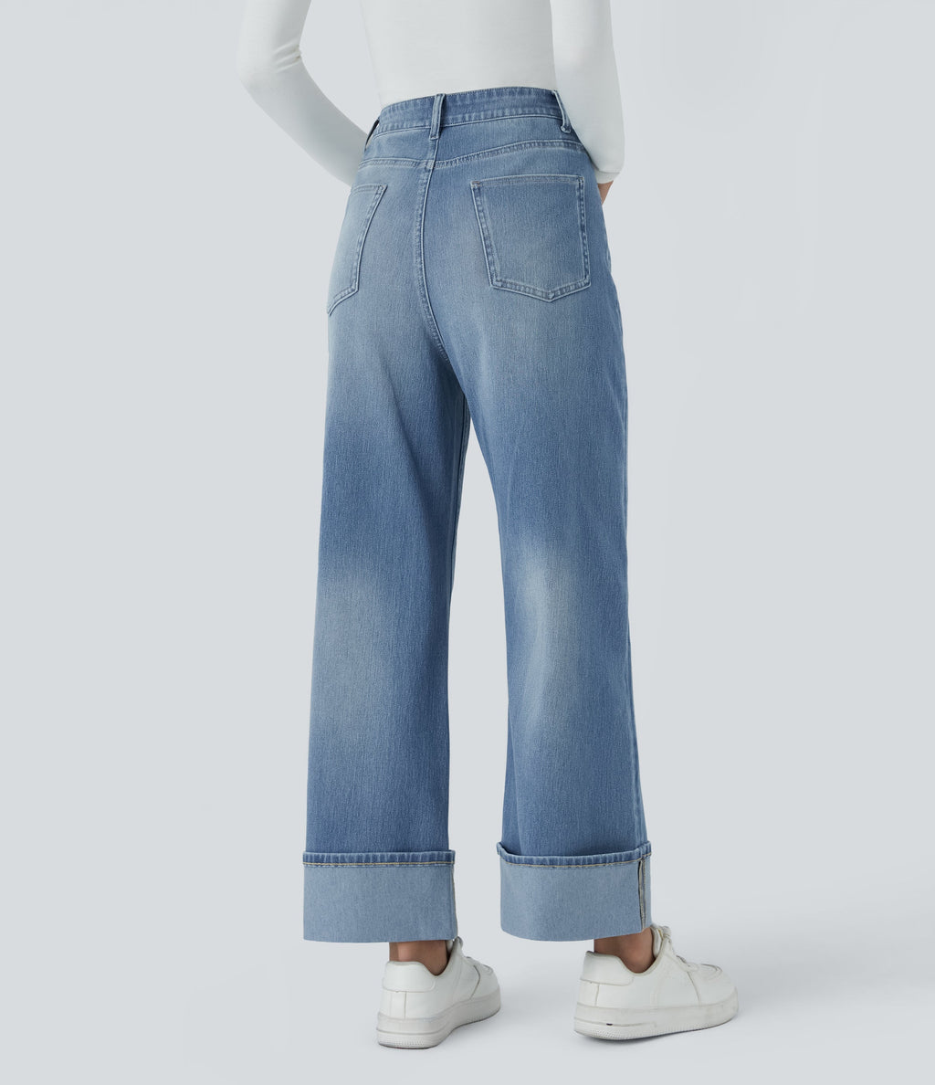 FlexTM High Waisted Multiple Pockets Rolled Hem Wide Leg Washed Stretchy Knit Casual Jeans