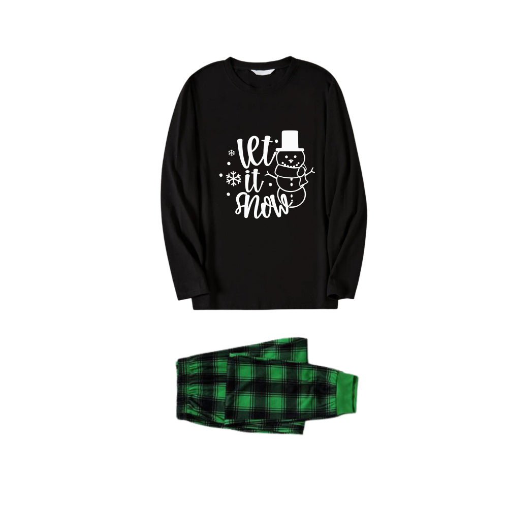 Christmas Family Matching Pajamas-Black Top and Green Plaid Pants Pjs Set with Snowman and Christmas Slogan Print