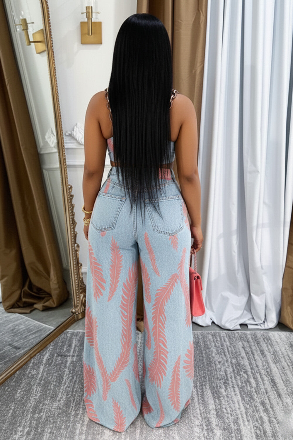 Denim Chain Strap Top Wide Leg Pants Leaf Casual 2pcs Set-Blue