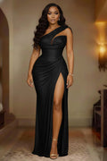 One Shoulder Wrapped Slit Glitter Party Maxi Dresses-Black