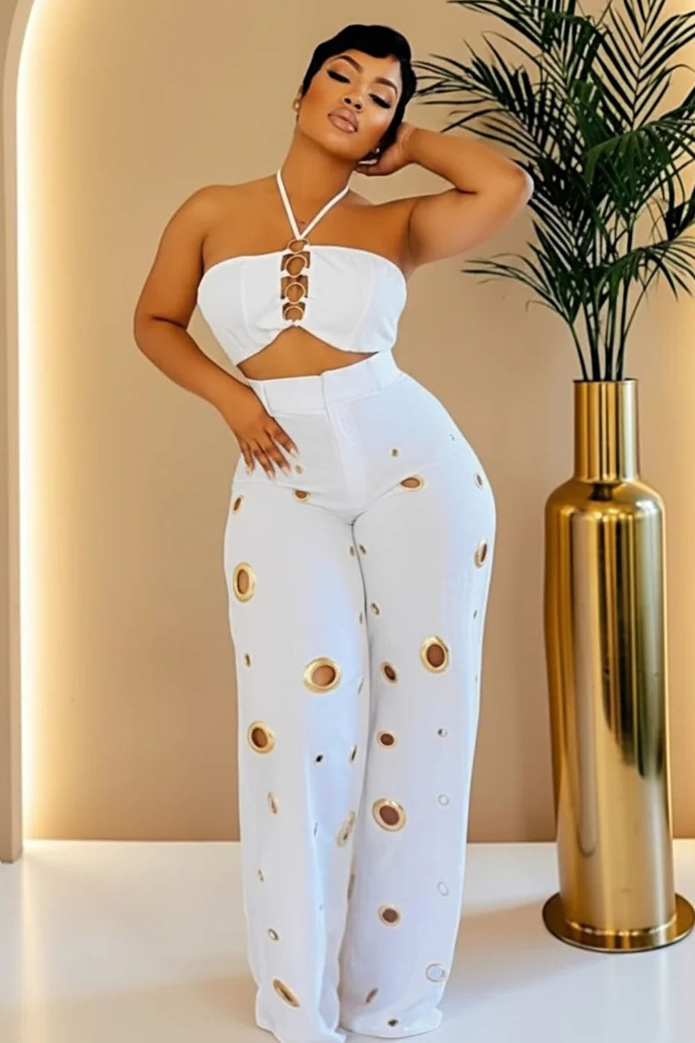 Halter Crop Top High Waist Hollow Pants Casual 2pcs Set-Yellow [Pre Order]