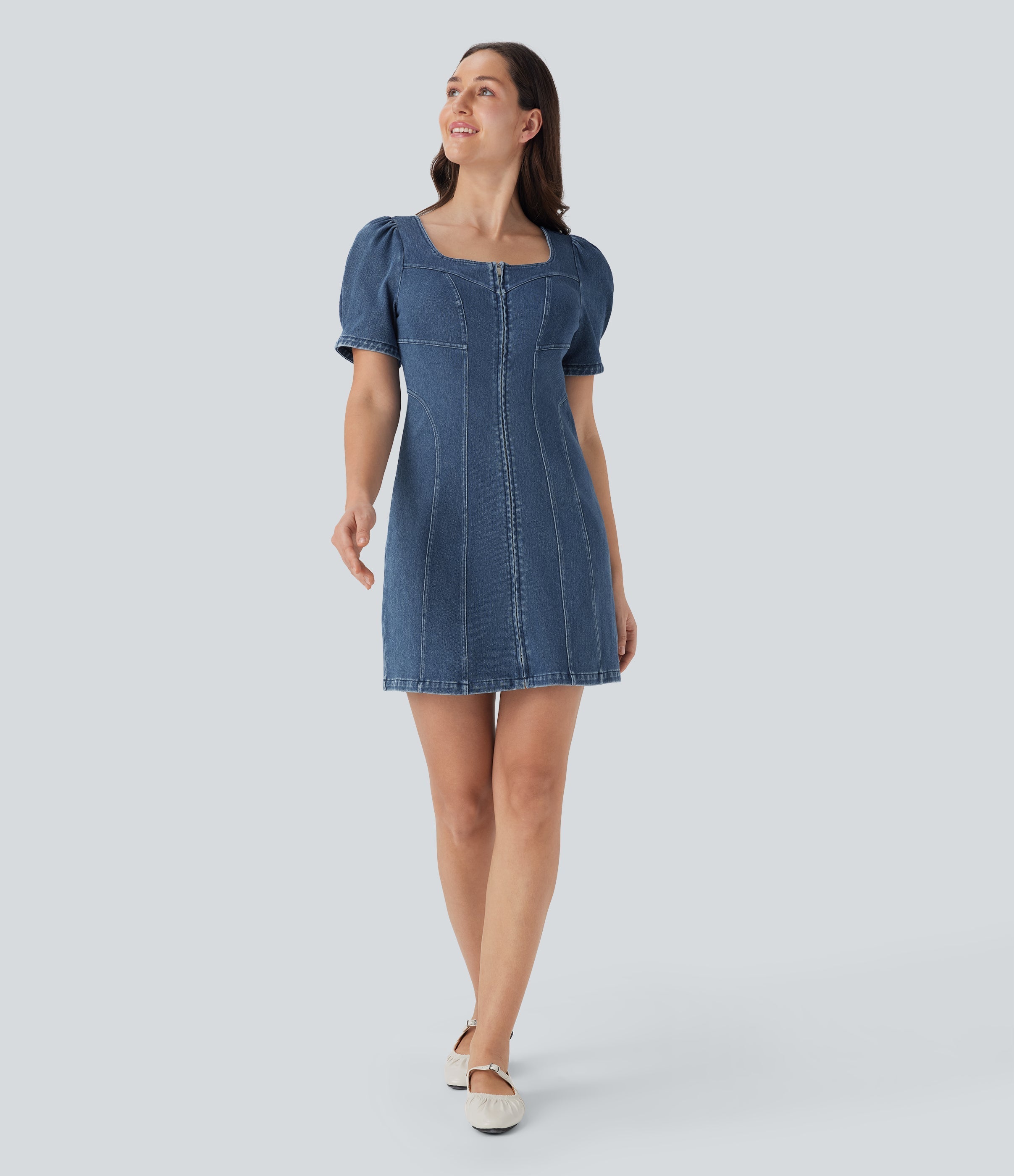 FlexTM Square Neck Short Sleeve Zipper Denim Mini Casual Dress