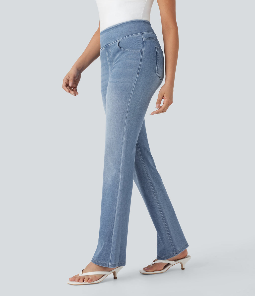 FlexTM High Waisted Tummy Control Washed Casual Bootcut Jeans with Pockets