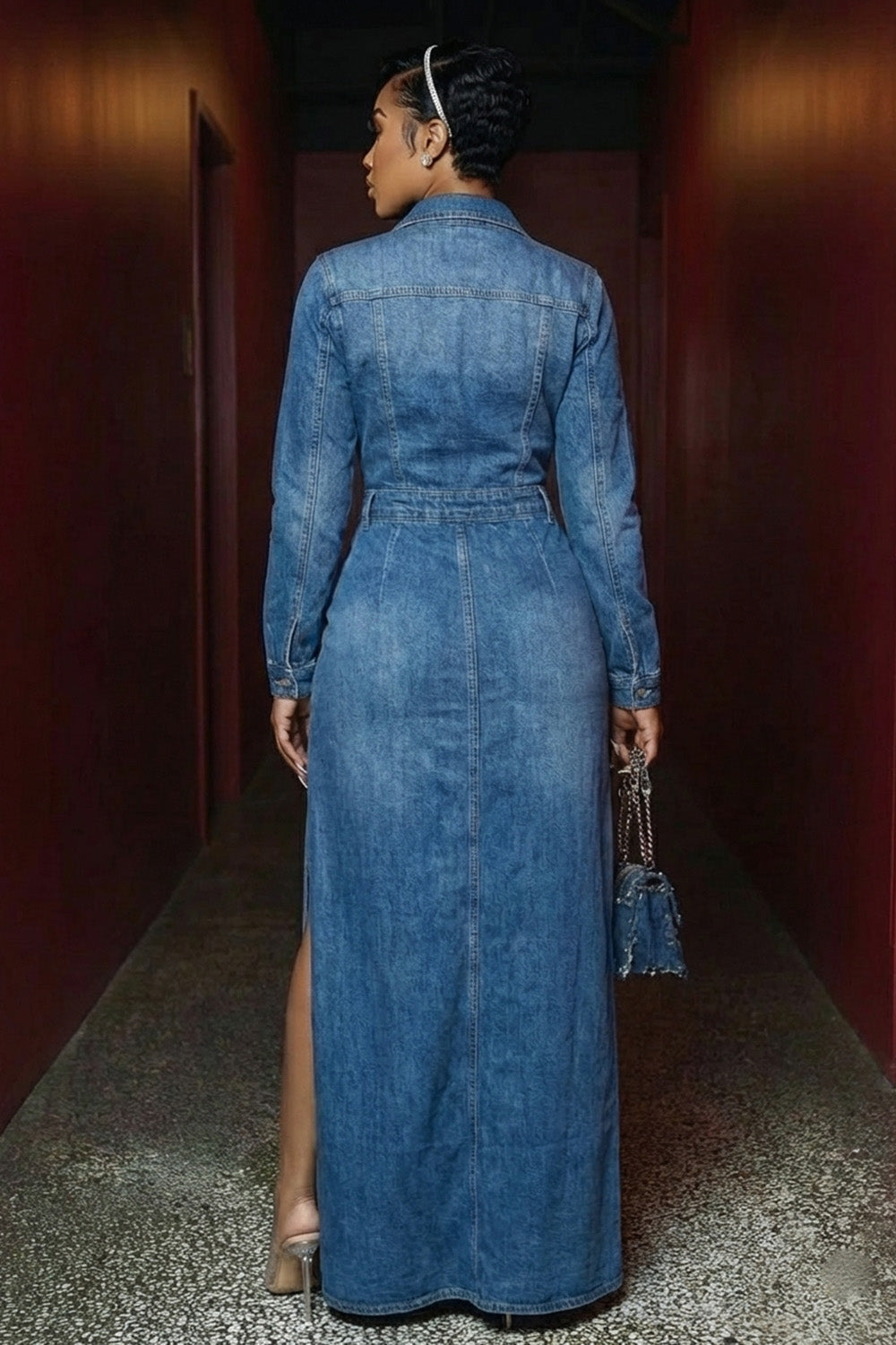 Denim Turndown Collar Long Sleeve Slit Casual Maxi Dresses-Blue