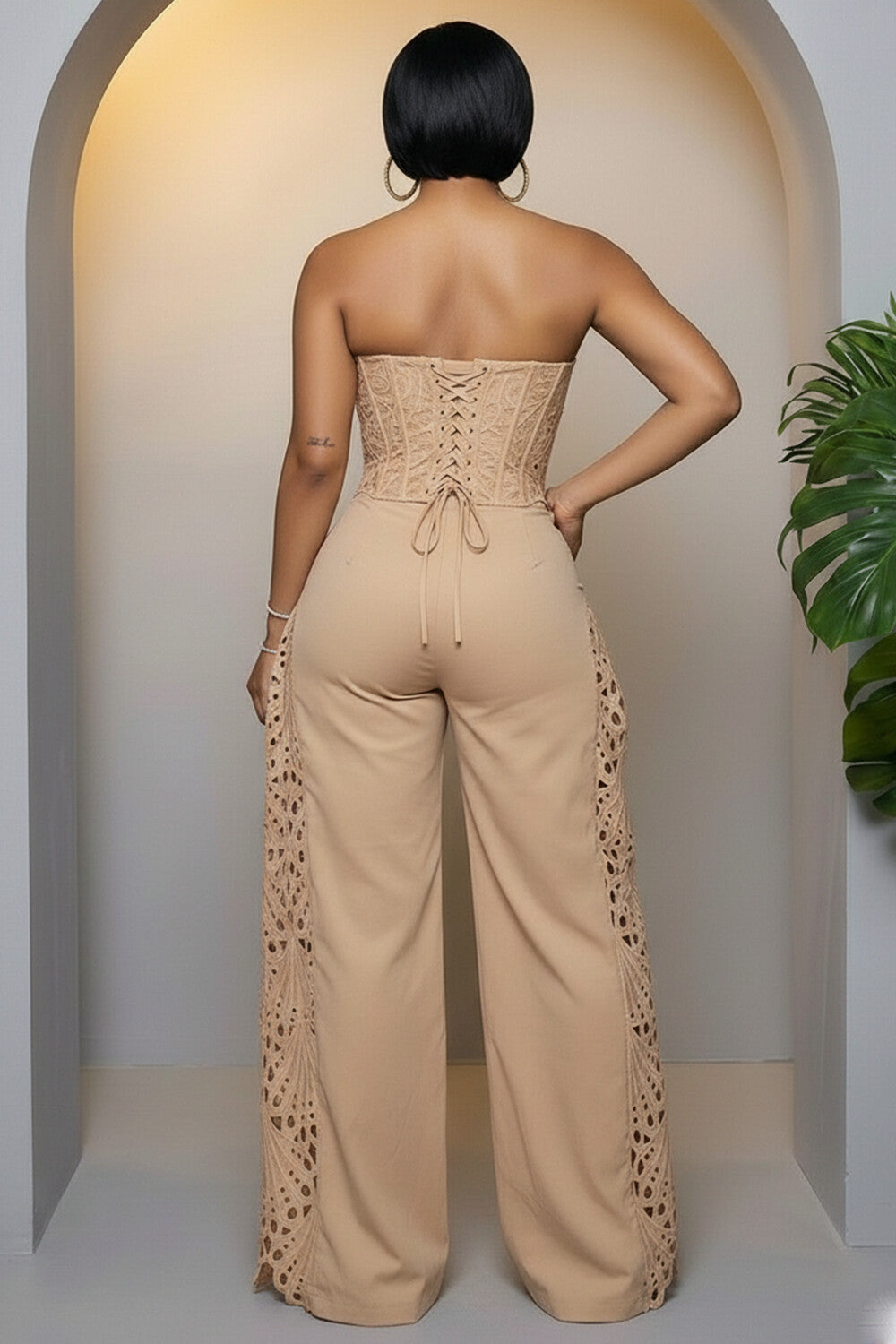 Strapless Cinch Waist Hollow Out Wide Leg Casual Jumpsuit-Beige