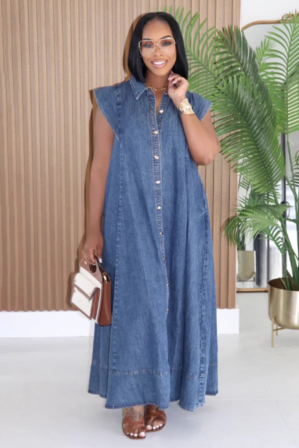 Denim Shirt Collar Cap Sleeve Slant Pocket Loose Casual Maxi Dresses-Blue