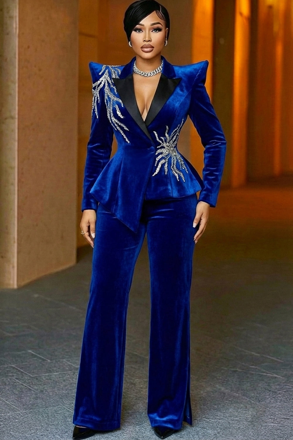 Peak Lapel Long Sleeve Top Bootcut Pants Velvet 2pcs Set-Blue