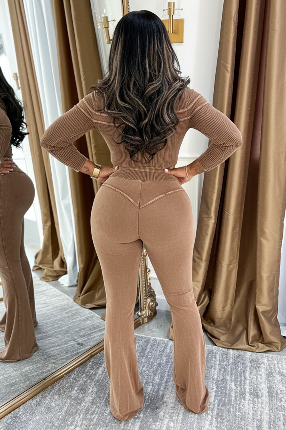 Long Sleeve Zipper Top Tie Up Bootcut Pants 2pcs Set-Brown