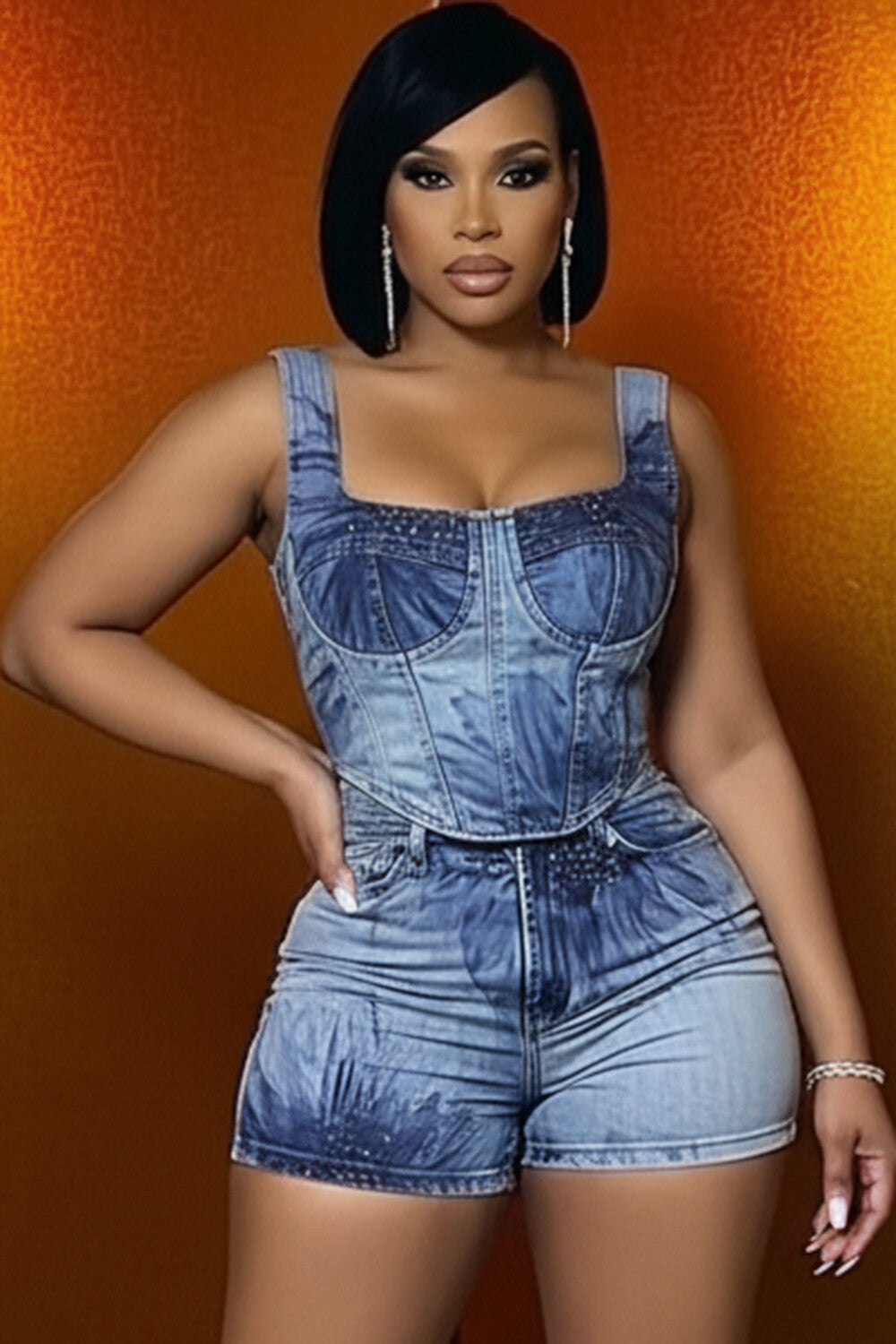 Denim Wide Straps Sleeveless Top Shorts Casual 2pcs Set-Blue [Pre Order]