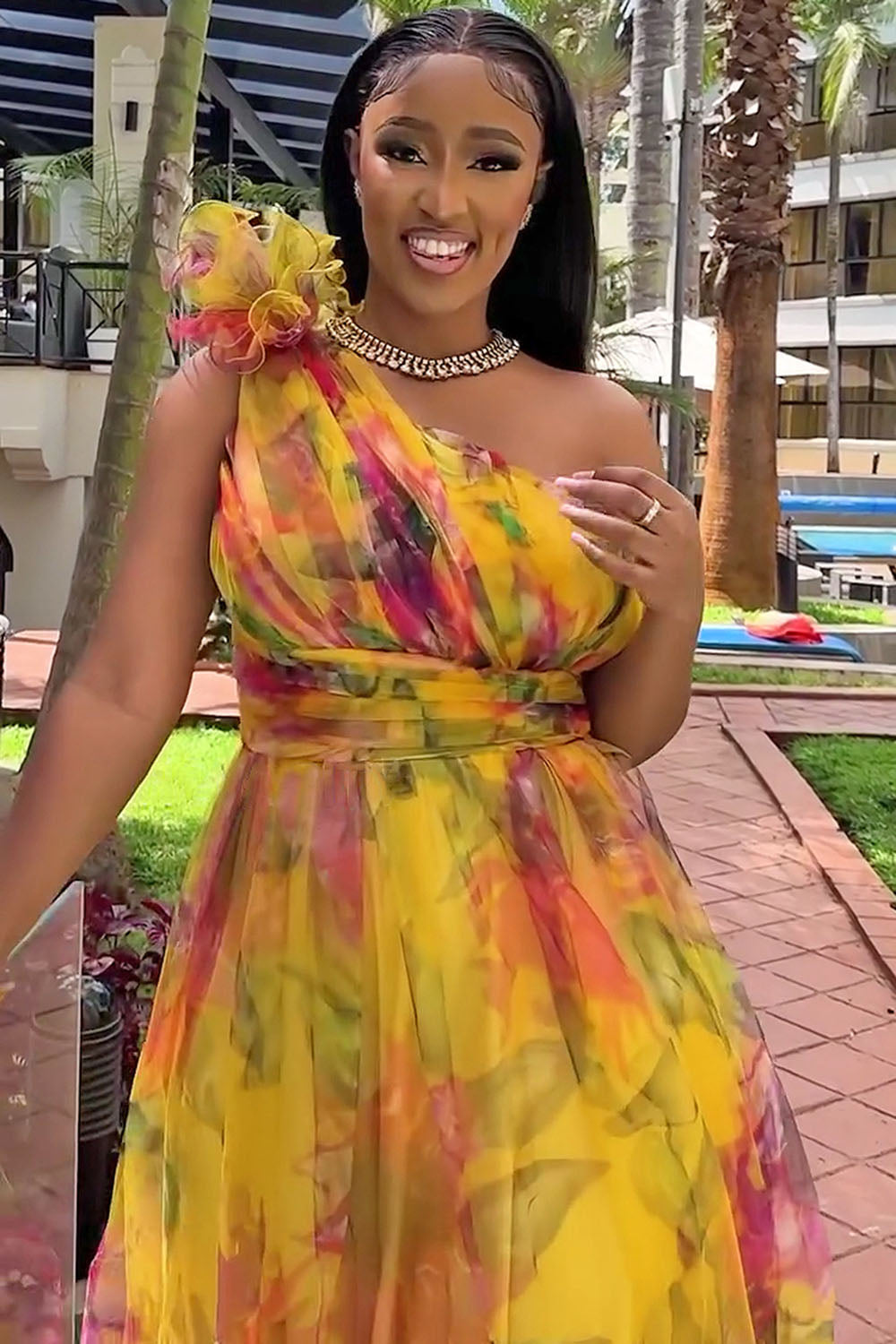 One Shoulder Rosette Floral Print Mesh Party Maxi Dresses-Fuchsia