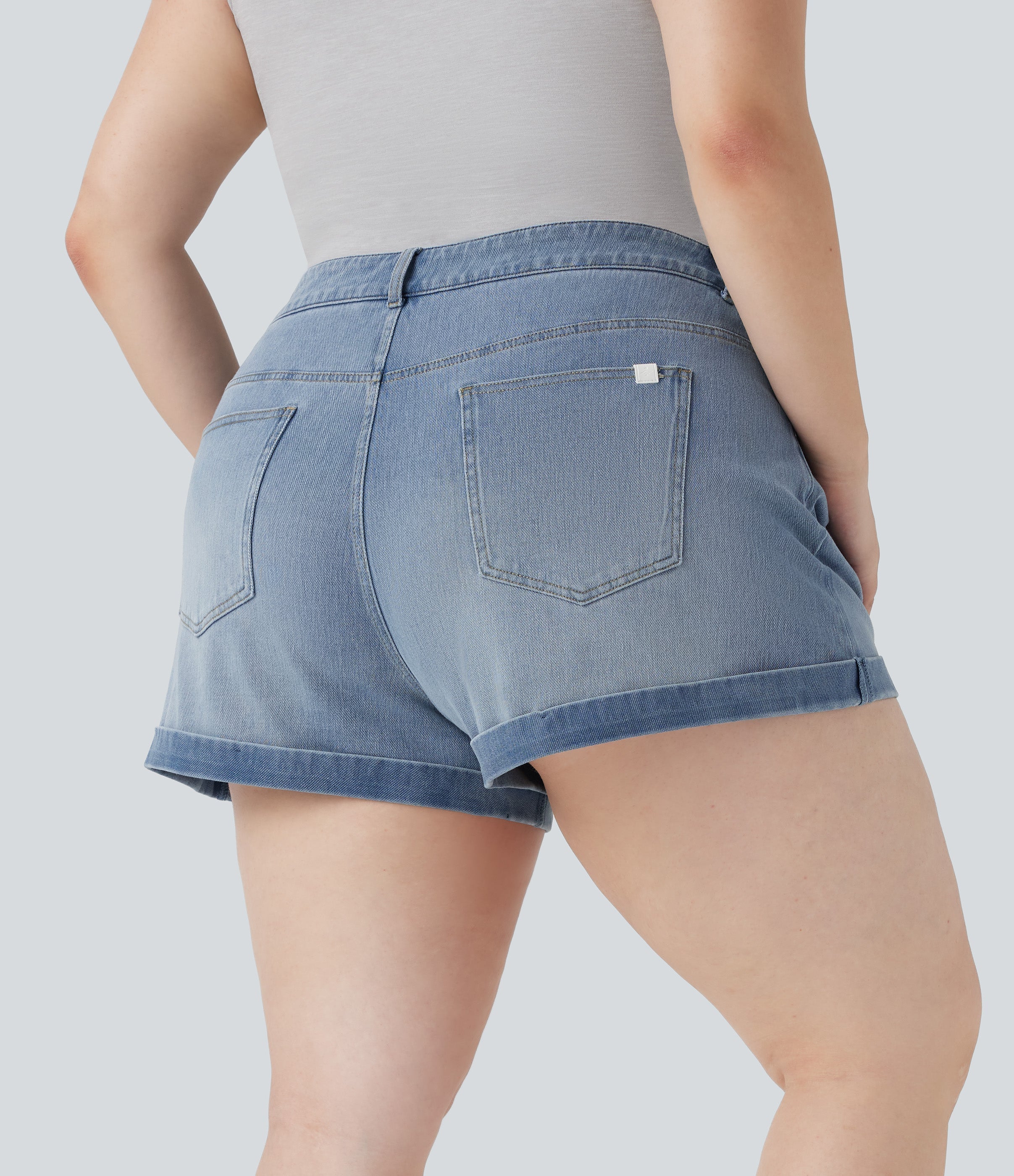 FlexTM Mid Rise Zipper Pockets Denim Casual Plus Size Shorts 3''