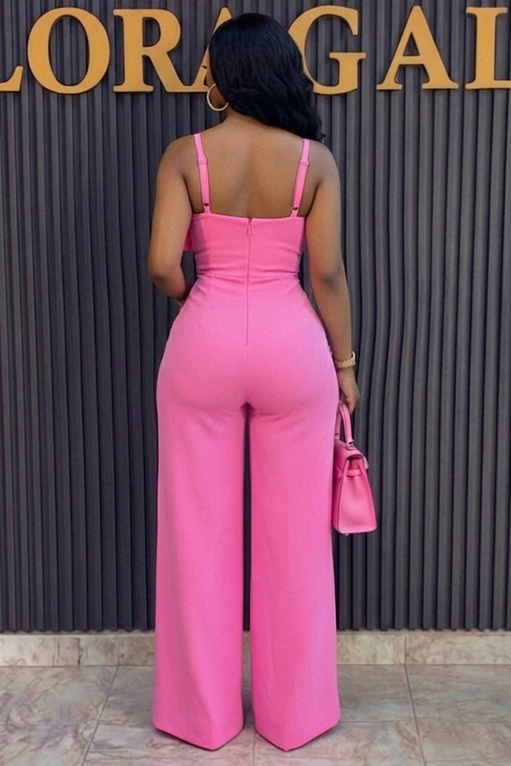 Cami Neck Sleeveless Bow Decor Solid Color Casual Jumpsuit-Pink