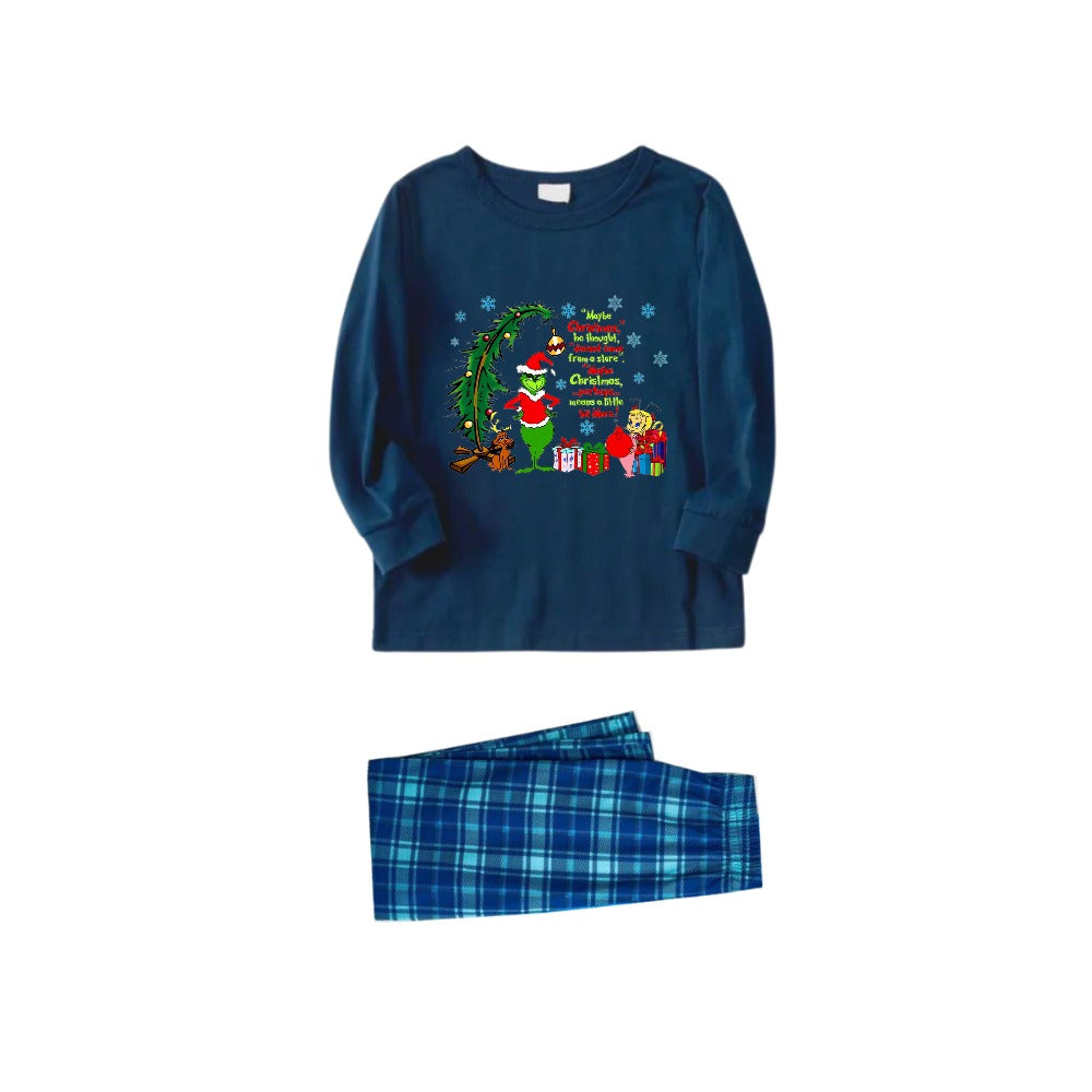Christmas Family Matching Pajamas-Navy & Sky Blue Plaid Pjs Set with Grinch and Christmas Pattern Print