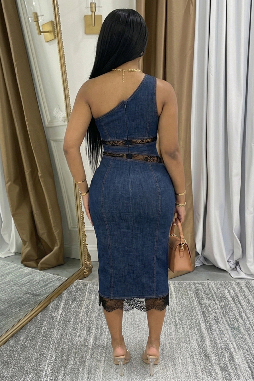 Denim One Shoulder Lace Patchwork Slim Casual Maxi Dresses-Navy