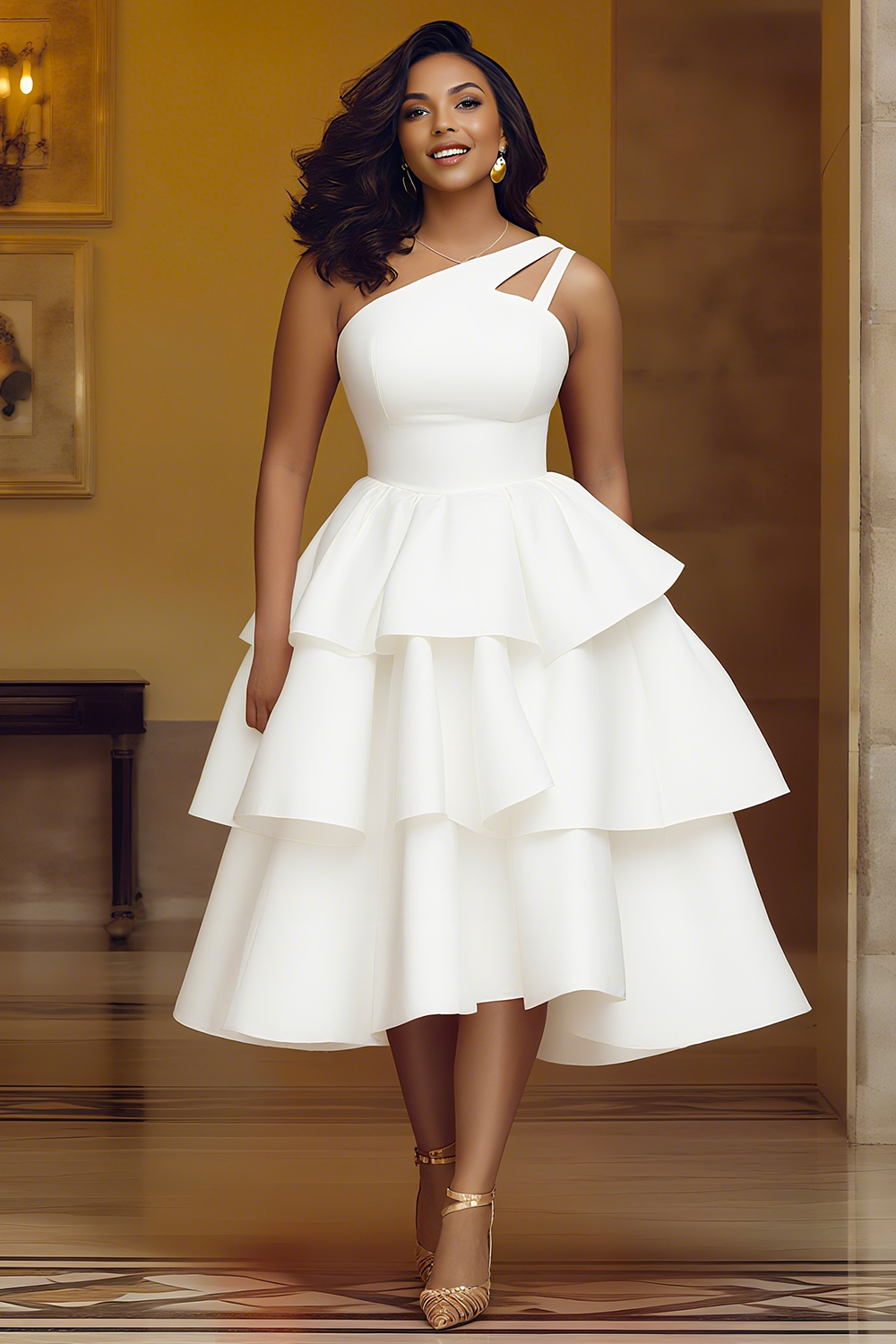 One Shoulder Cinched Waist Layered Hem Party Midi Dresses-Orange