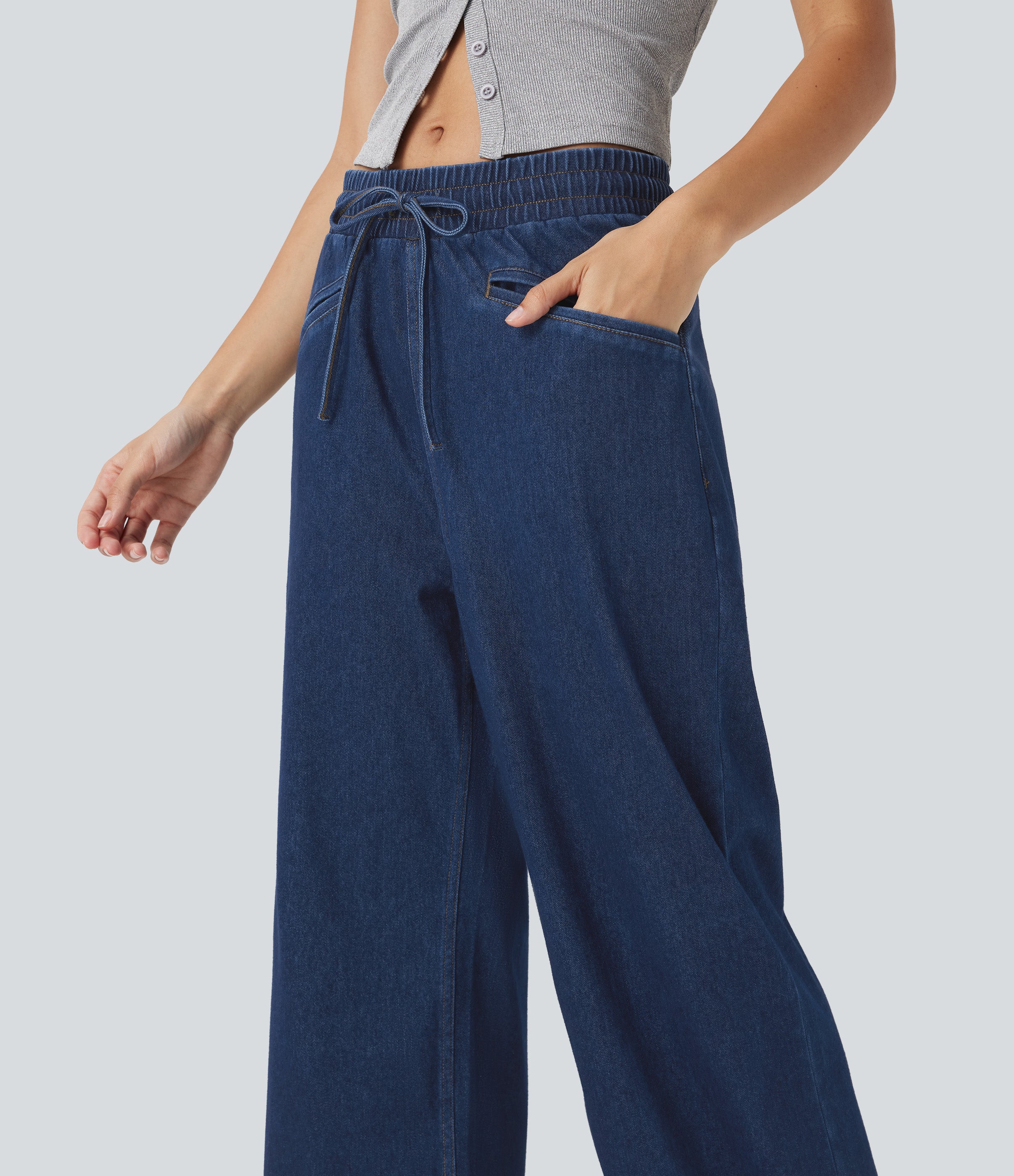 FlexTM High Waisted Drawstring Wide Leg Cool Touch Casual Jeans with Pockets