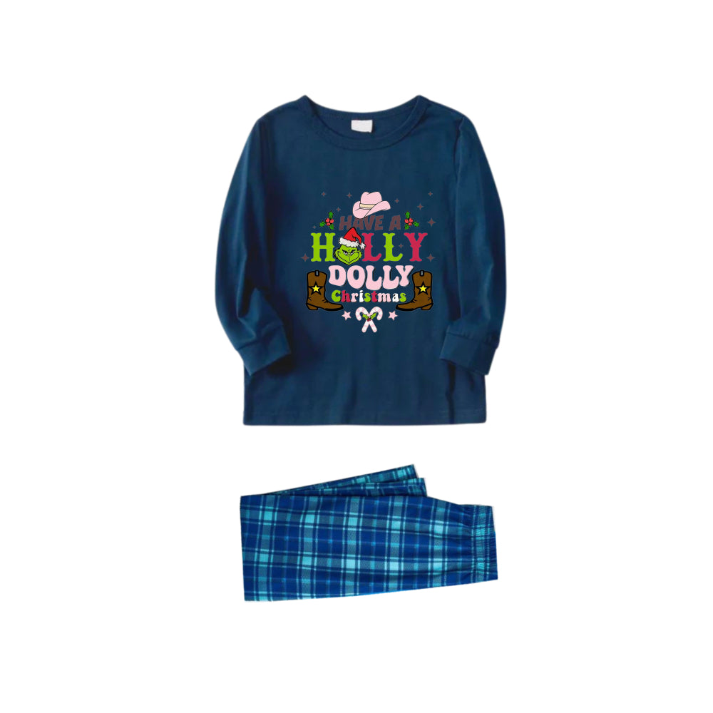Christmas Family Matching Pajamas-Navy & Sky Blue Plaid Pjs Set with Grinch and "Have A Holly Dolly Christmas" Print