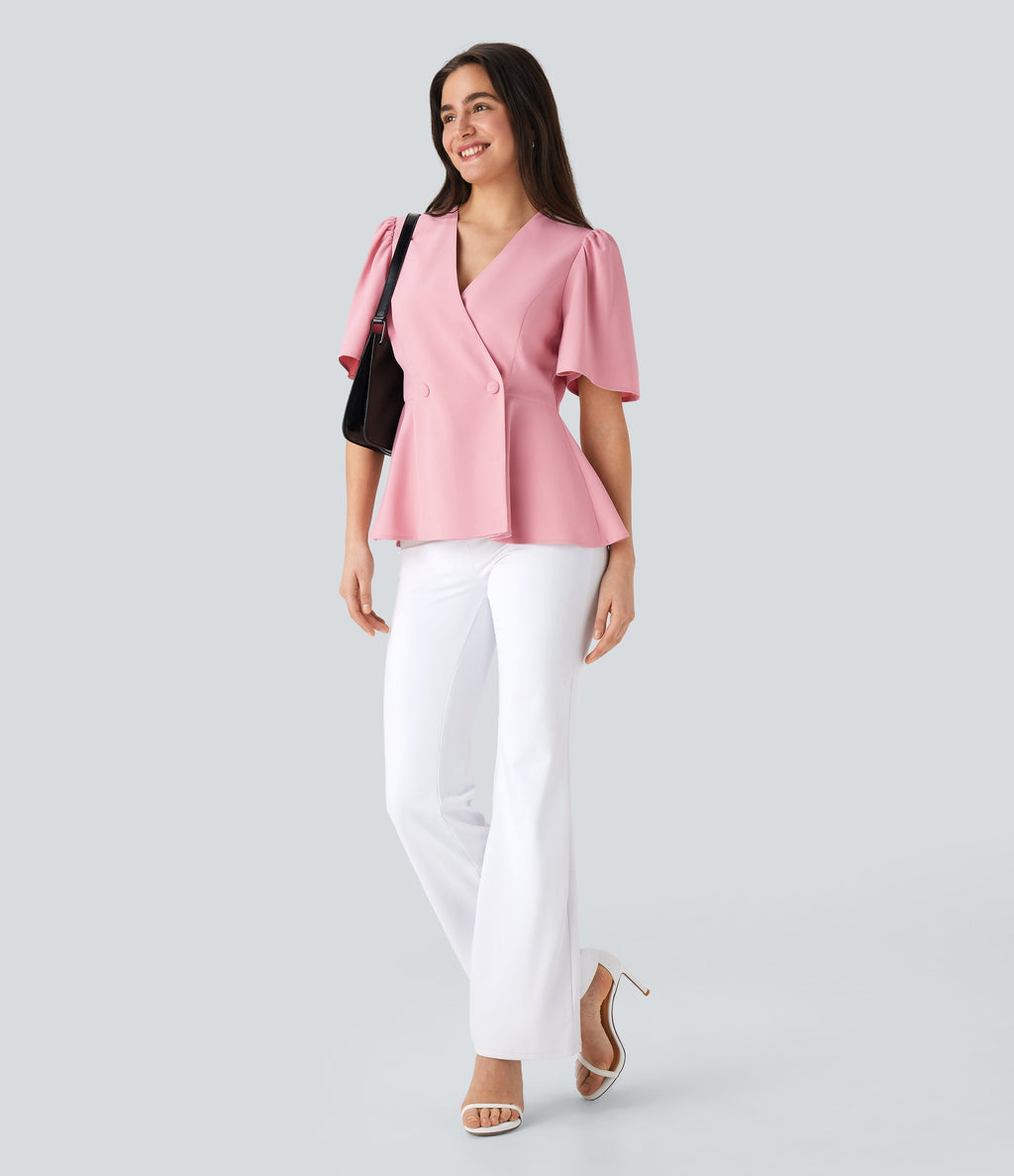V Neck Short Sleeve Ruffle Hem Work Top