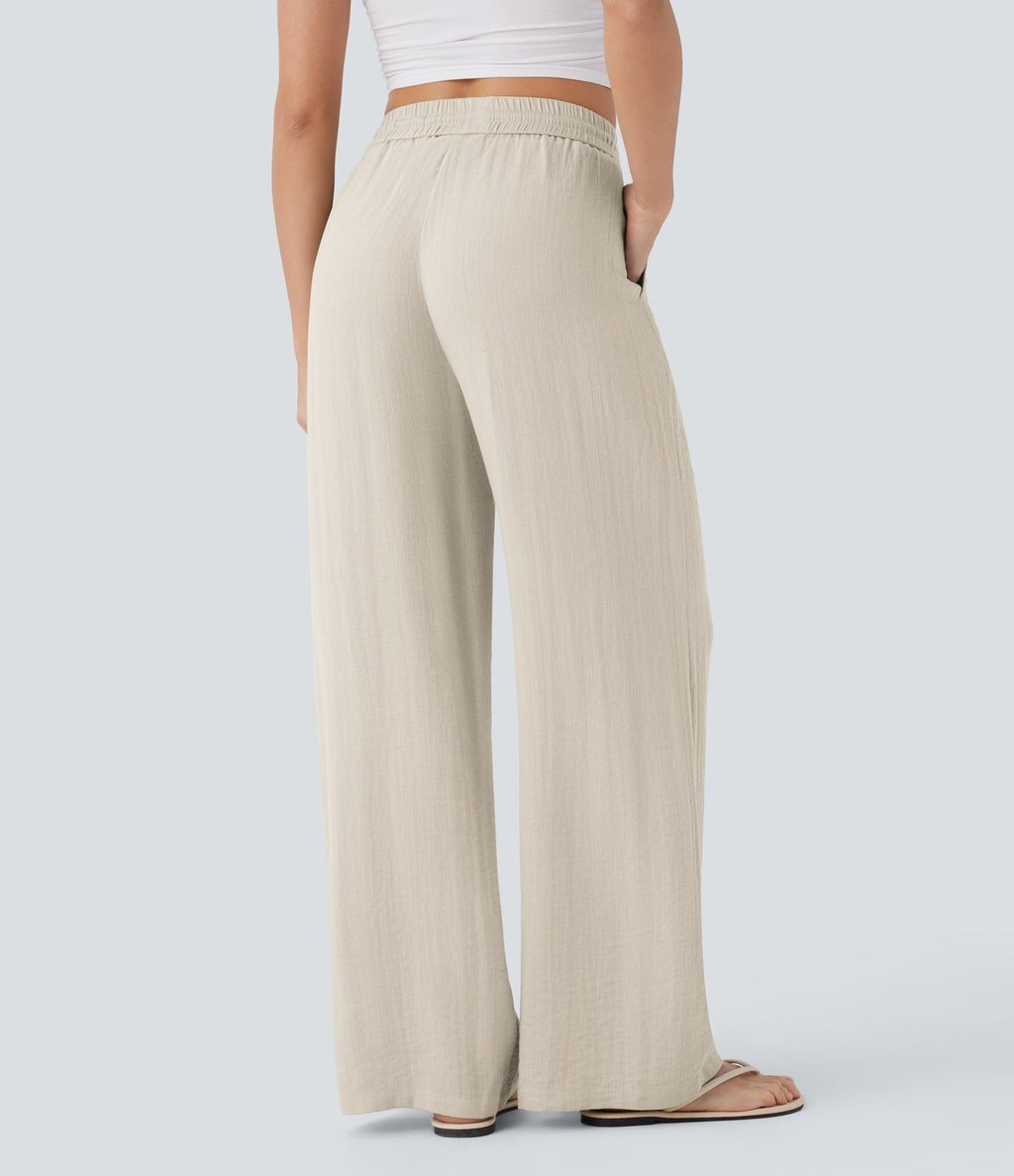 Women Summer High Waisted Drawstring Pocket Wide Leg Casual Linen-Feel Pants