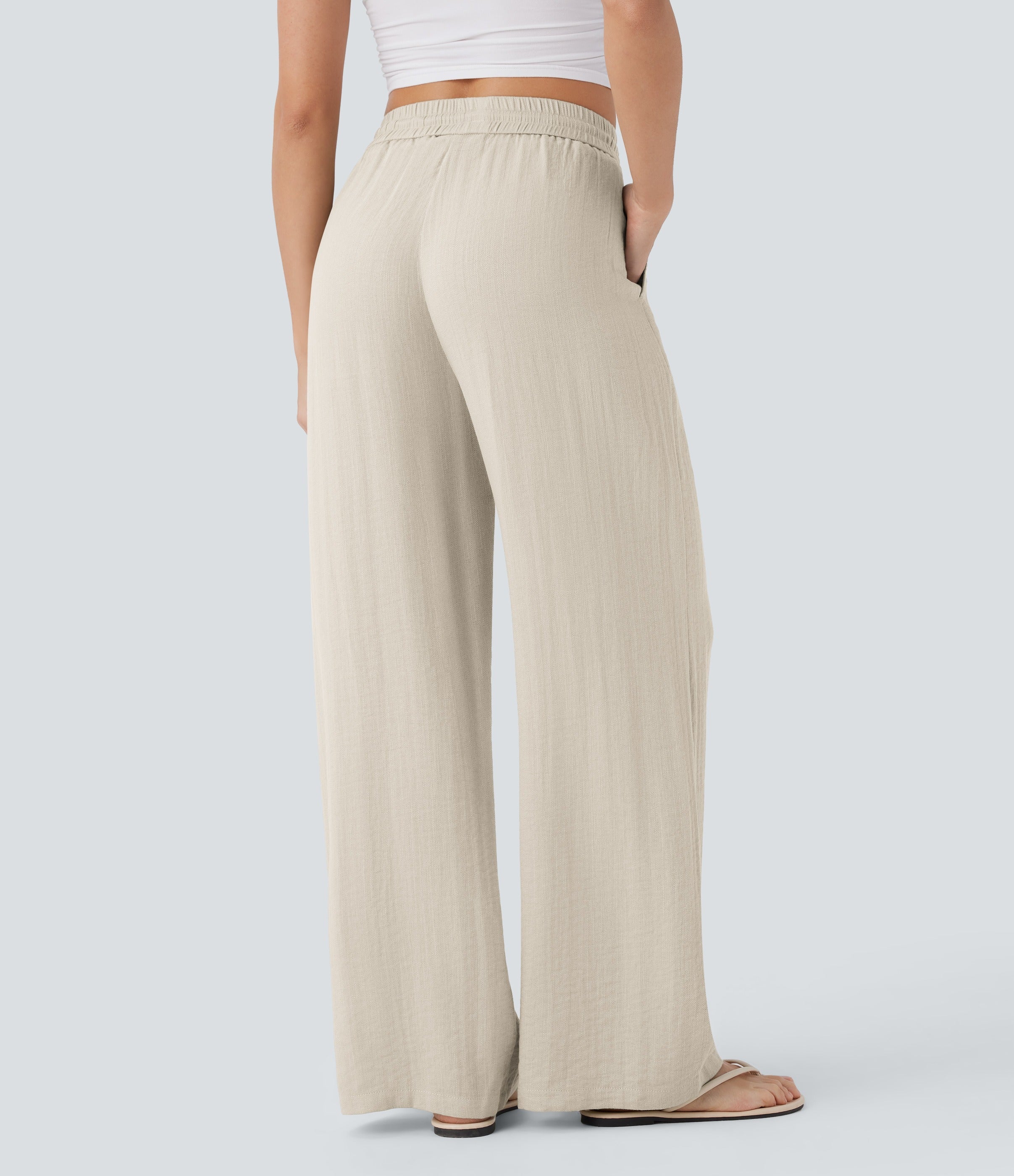 Women Summer High Waisted Drawstring Pocket Wide Leg Casual Linen-Feel Pants