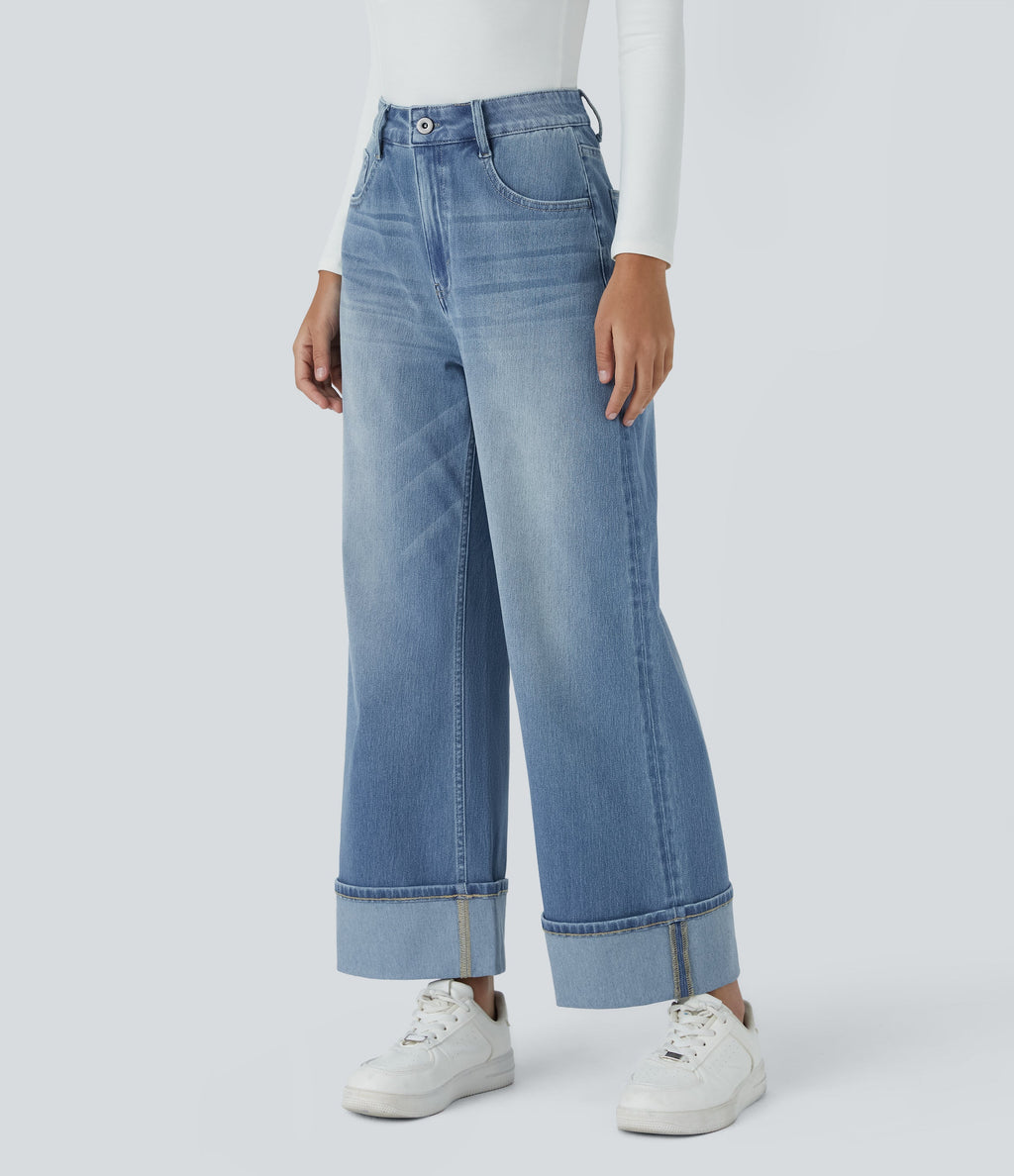 FlexTM High Waisted Multiple Pockets Rolled Hem Wide Leg Washed Stretchy Knit Casual Jeans