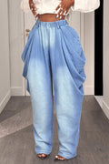 Vintage Faded Washed Denim Irregular Ruched Elastic Waist Casual Jeans-Blue