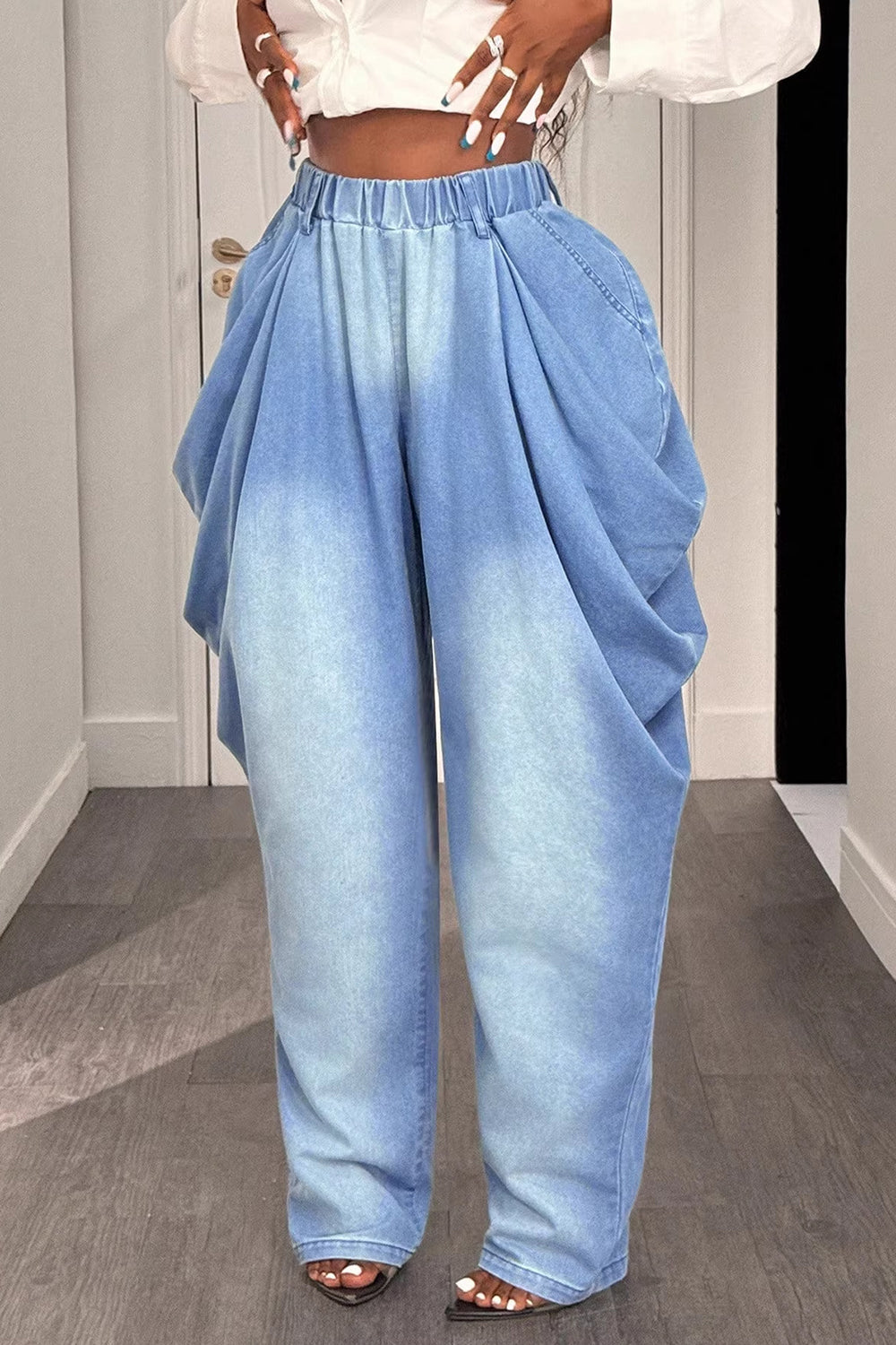 Vintage Faded Washed Denim Irregular Ruched Elastic Waist Casual Jeans-Blue
