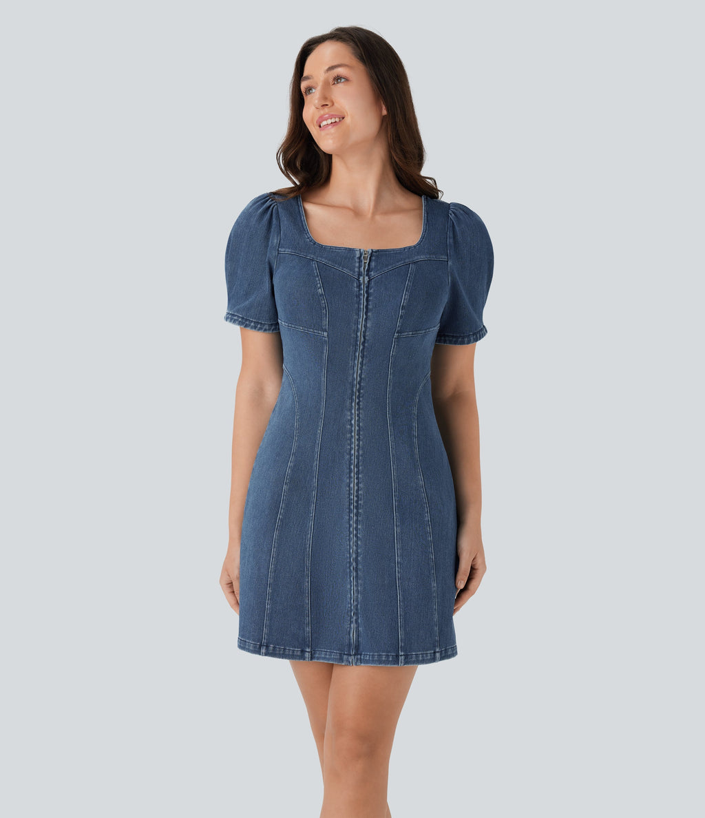 FlexTM Square Neck Short Sleeve Zipper Denim Mini Casual Dress