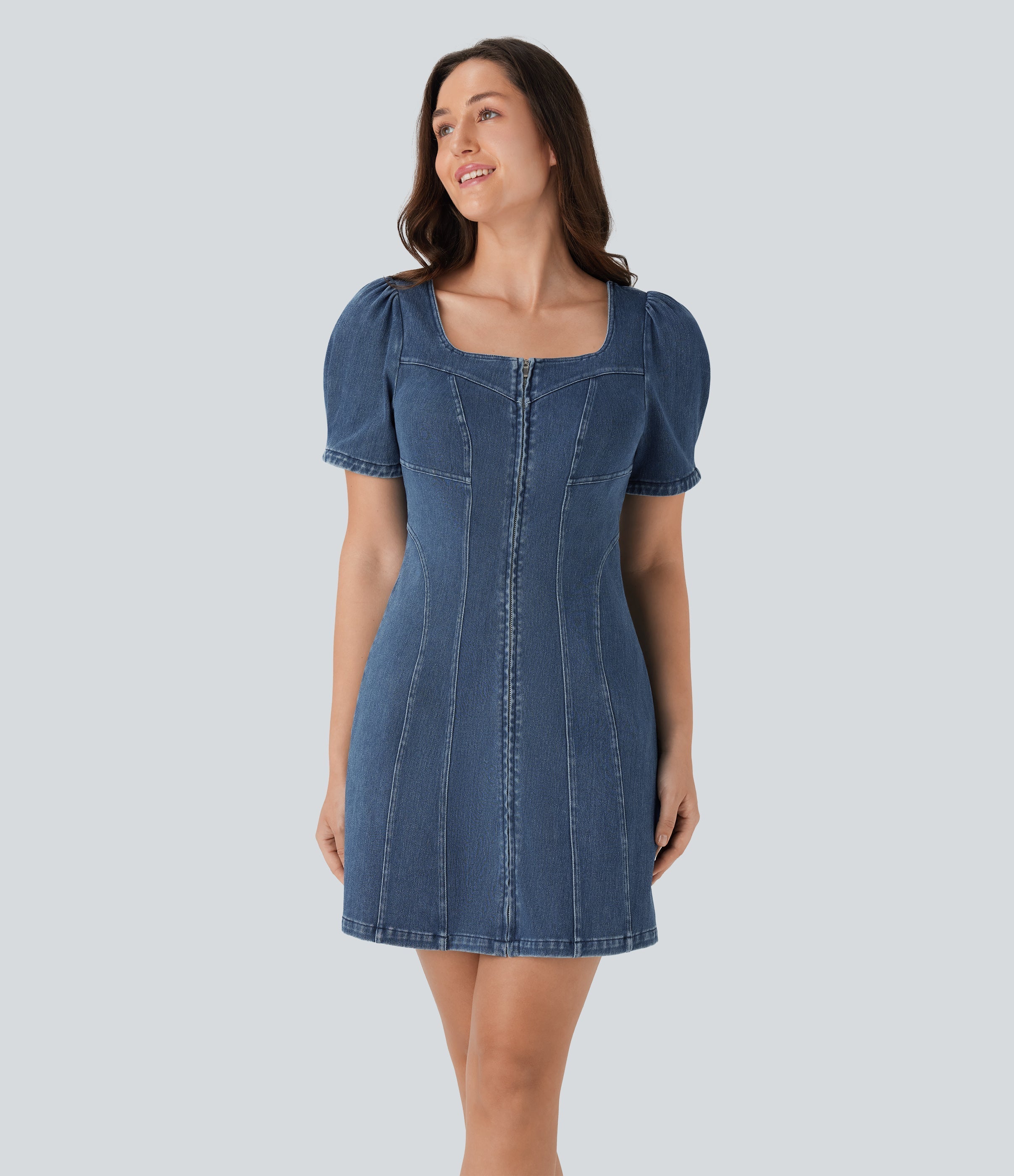FlexTM Square Neck Short Sleeve Zipper Denim Mini Casual Dress
