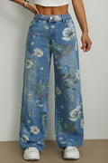 Floral Pattern Decor Loose Fit Straight Wide Leg Denim Casual Jeans-Blue