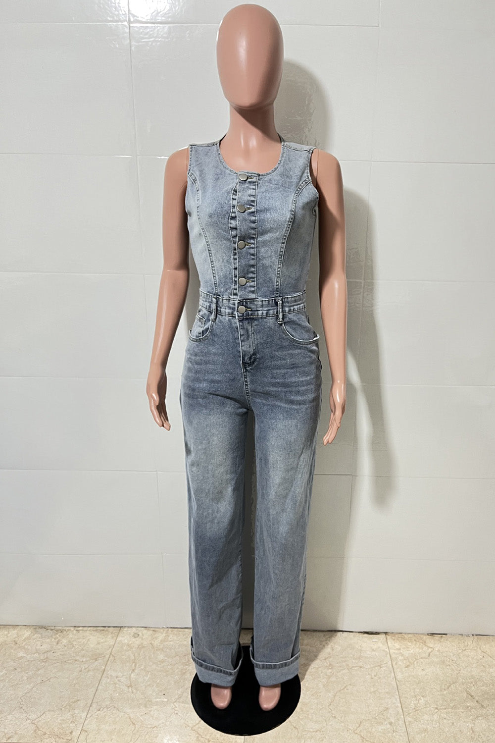 Sleeveless Single Breasted High Waist Straight Leg Washed Denim Jumpsuit-Blue