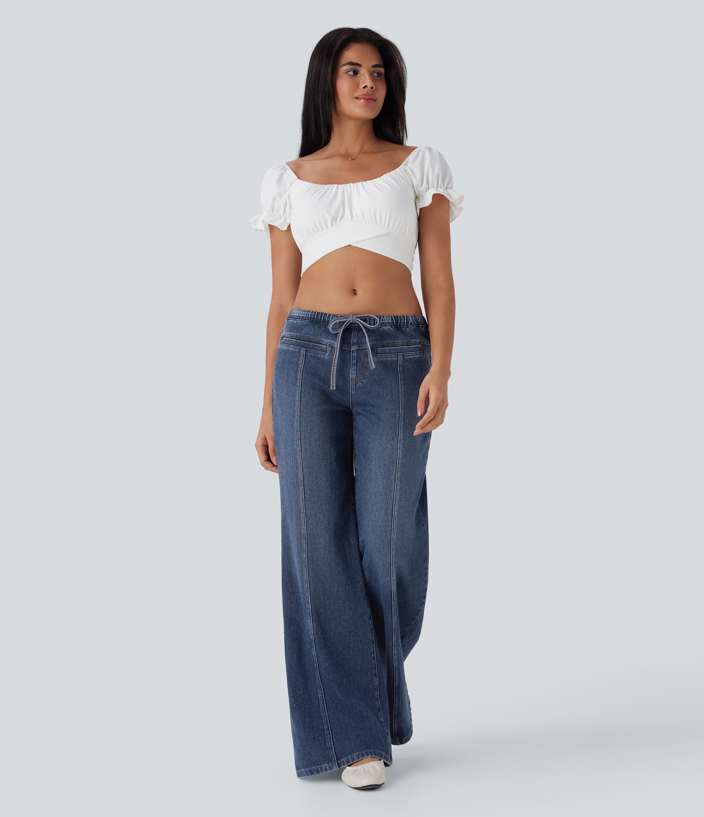 FlexTM Low Rise Drawstring Washed Casual Baggy Jeans with Pockets