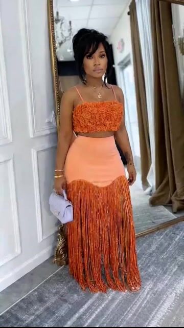 Spaghetti Strap Ruched Crop Top Fringe Maxi Skirt 2pcs Set-Orange