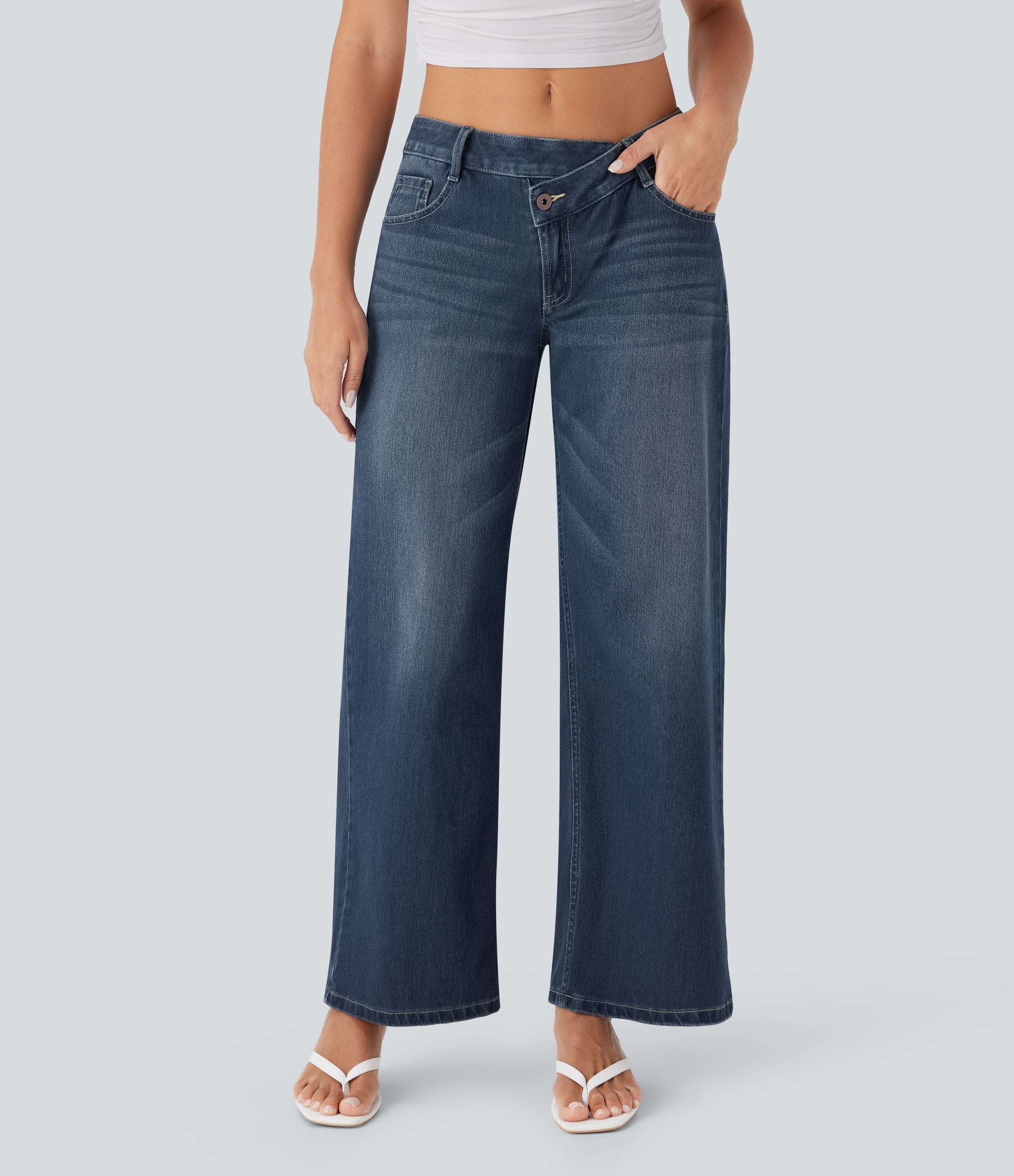 FlexTM Asymmetric Low Rise Zipper Pockets Baggy Wide Leg Washed Casual Jeans