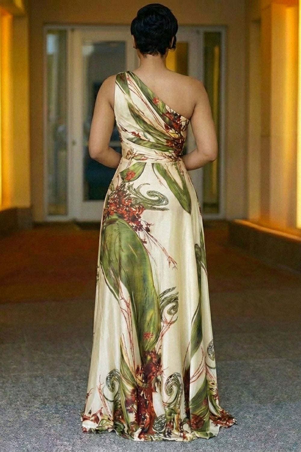 One Shoulder Cinch Waist Flower Print Party Maxi Dresses-Green