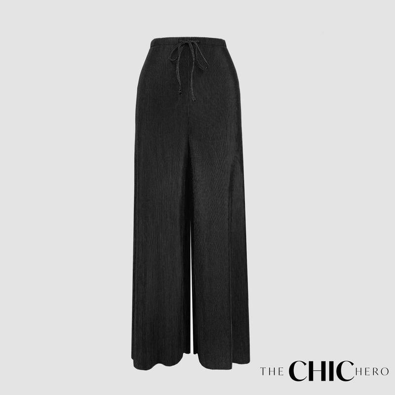 Black Wide-Leg Drawstring Pants Palazzo Pleated Pants XPLUS(4XL-5XL)