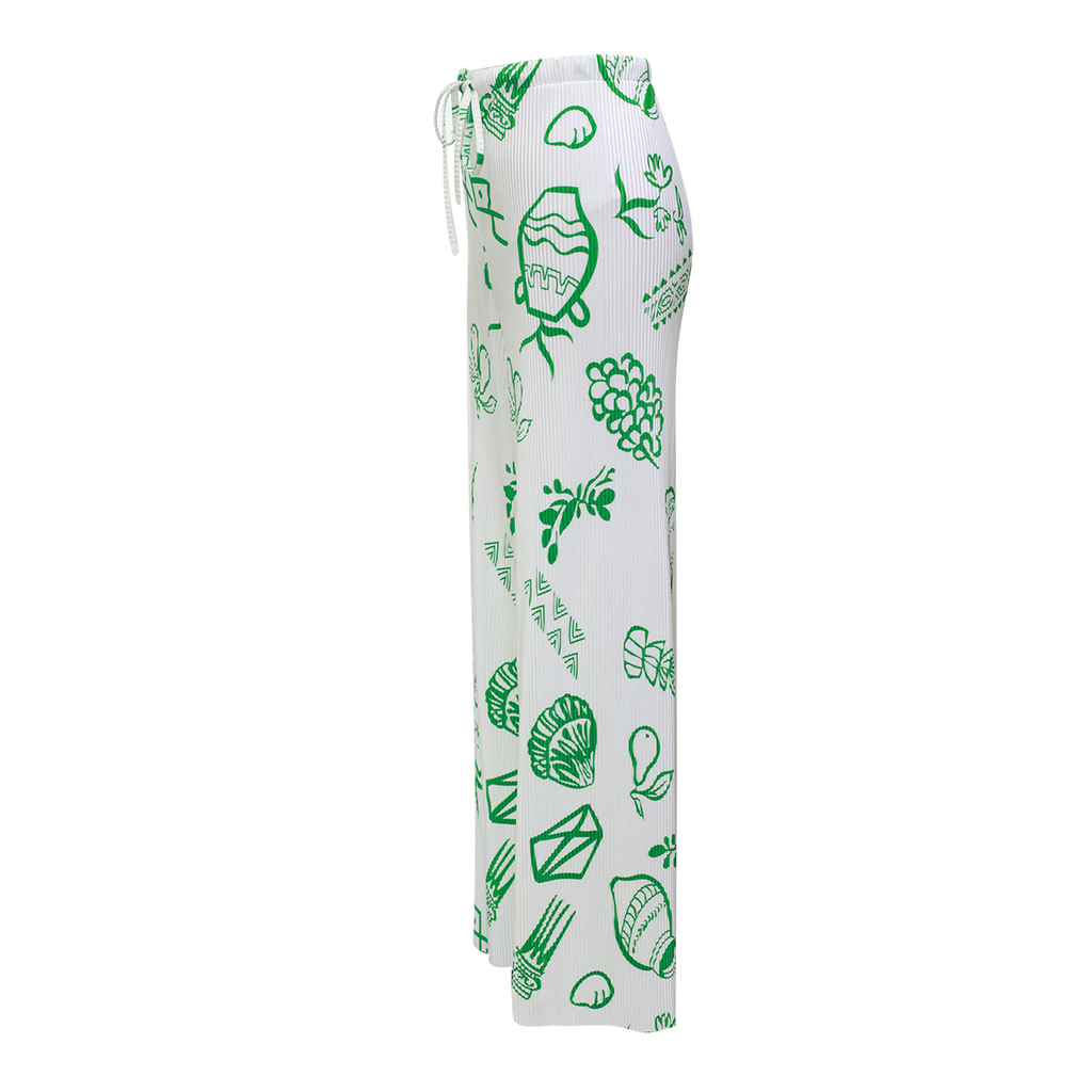 Green Whimsical Illustrated Print Pattern V-Neck Vest Top & Pleated Pants