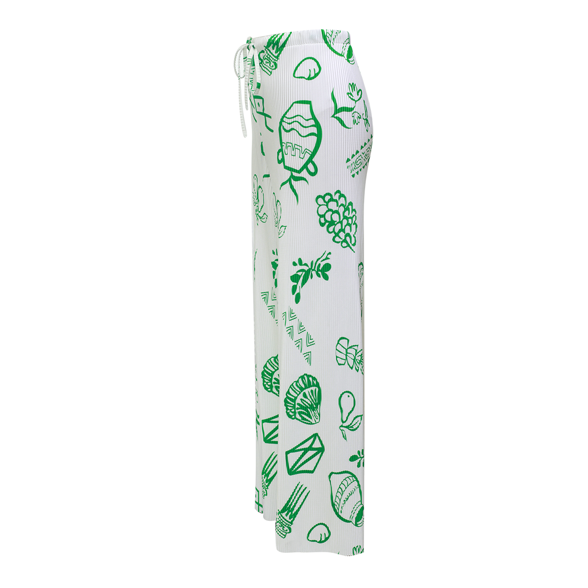 Green Whimsical Illustrated Print Pattern V-Neck Vest Top & Pleated Pants