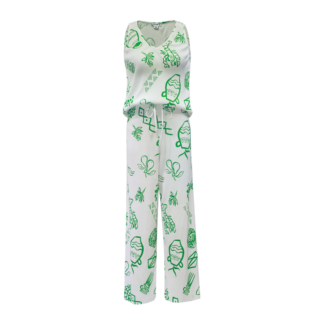Green Whimsical Illustrated Print Pattern V-Neck Vest Top & Pleated Pants