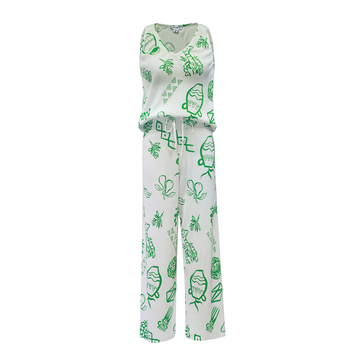 Green Whimsical Illustrated Print Pattern V-Neck Vest Top & Pleated Pants