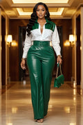 Turndown Collar Top High Waist Pants Casual Fit 2pcs Set-Green
