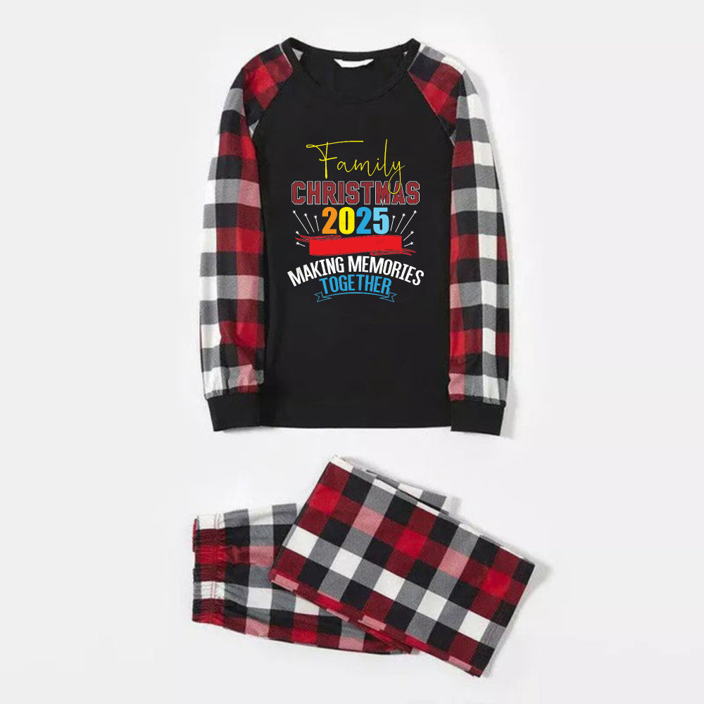 Christmas Family Matching Pajamas-Red and Gray Plaid Pjs set with "Family Christmas 2025 Making Memories Together" Colorful Print