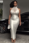 Halter Illusion Neck Slim-Fit Bridesmaid Party Maxi Dresses-White