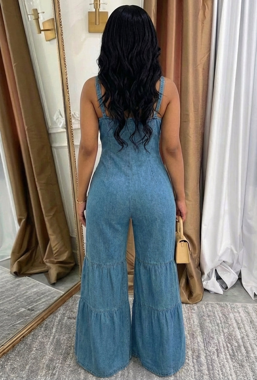 V Neck Cami Pattern Denim Cinched Quilted Wide Leg Jumpsuit-Blue