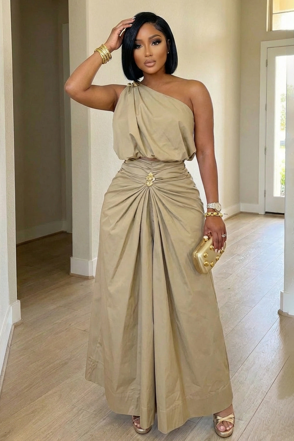 One Shoulder Sleeveless Crop Top Ruched Maxi Skirt 2pcs Set-Khaki