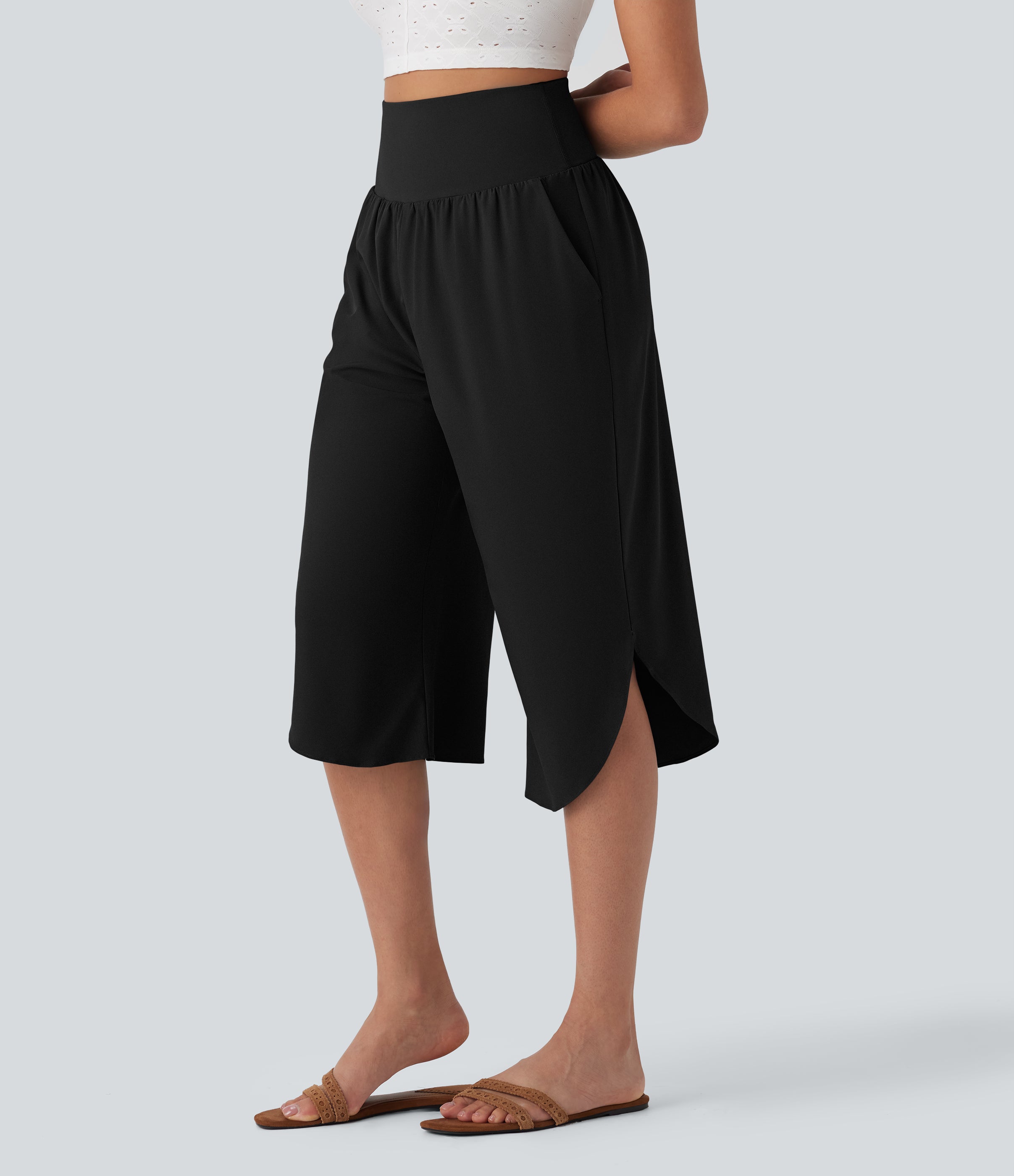 BreezefulTM SoCinched High Waisted Tummy Control Hem Quick Dry Capri Pants with Pockets