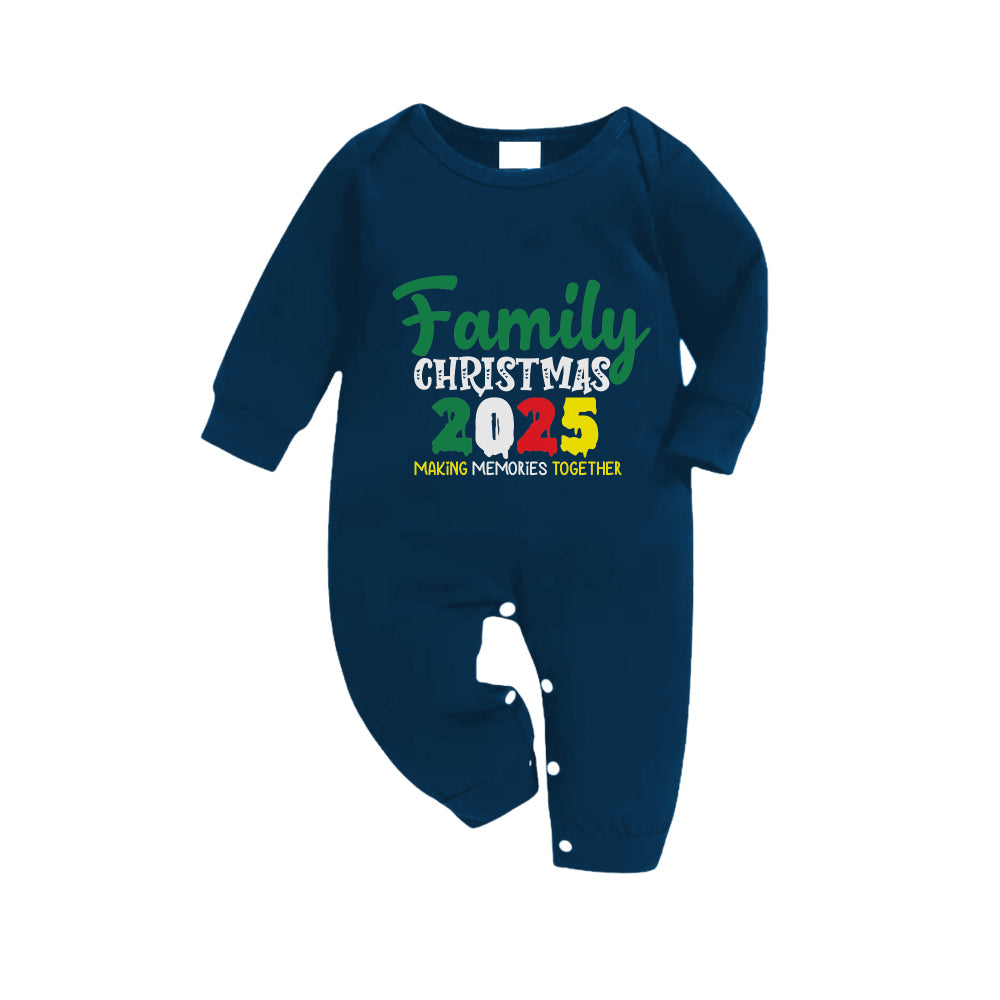 Christmas Family Matching Pajamas-Navy & Sky Blue Plaid Pjs Set with "Family Christmas 2025" Colorful Slogan Print