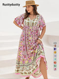 Plus Size Patchwork Floral Print Tie Neck Contrast Lace Ruffle Hem Long Dress, Summer Sundress 2024, Boho Butterfly Sleeve Smock Dress