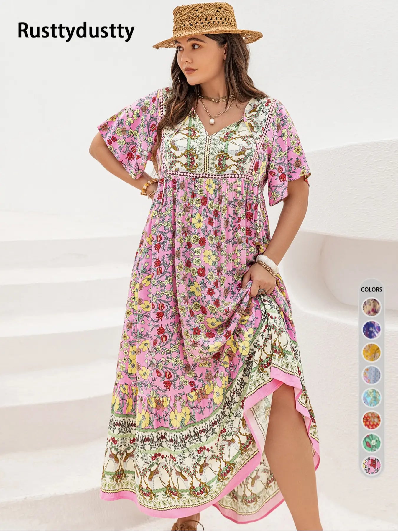 Plus Size Patchwork Floral Print Tie Neck Contrast Lace Ruffle Hem Long Dress, Summer Sundress 2024, Boho Butterfly Sleeve Smock Dress